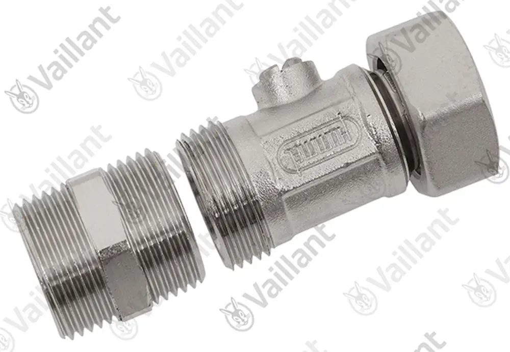 Vaillant Kugelhahn aus Metall mit einem Gewindeanschluss und einer drehbaren Armatur. Gerätetyp zur Wassersteuerung, aufgeteilt in zwei Teile.